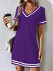 Women's Contrast-Color V-Neck A-Line Dress – Short Sleeve, Elegant, Mid-Rise by FitiqueFit