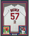 Framed Autographed/Signed Shane Bieber 35x39 Cleveland Indians White Majestic Baseball Jersey JSA COA