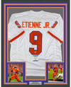 Framed Autographed/Signed Travis Etienne Jr. 35x39 Clemson White College Football Jersey Beckett BAS COA