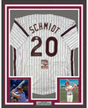 Framed Autographed/Signed Mike Schmidt HOF 95 35x39 Philadelphia Pinstripe Baseball Jersey JSA COA