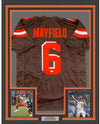 Framed Autographed/Signed Baker Mayfield 35x39 Cleveland Football Brown Jersey JSA COA