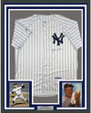 Framed Autographed/Signed Whitey Ford 35x39 New York Pinstripe Baseball Jersey PSA/DNA COA