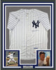 Framed Autographed/Signed Whitey Ford 35x39 New York Pinstripe Baseball Jersey PSA/DNA COA