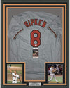 Framed Autographed/Signed Cal Ripken Jr. 35x39 Baltimore Grey Baseball Jersey JSA COA