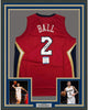 Framed Autographed/Signed Lonzo Ball 35x39 New Orleans Red Basketball Jersey Beckett BAS COA