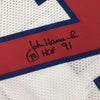 Framed Autographed/Signed John Hannah HOF 91 35x39 New England White Football Jersey JSA COA