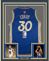 Framed Autographed/Signed Stephen Steph Curry 35x39 Golden State Blue Christmas Day Basketball Jersey JSA COA
