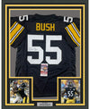 Framed Autographed/Signed Devin Bush 35x39 Pittsburgh Retro Black Football Jersey JSA COA