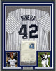 Framed Autographed/Signed Mariano Rivera 35x39 New York Pinstripe Baseball Jersey JSA COA/LOA