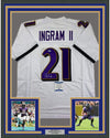 Framed Autographed/Signed Mark Ingram II 35x39 Baltimore White Football Jersey Beckett BAS COA
