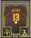 Framed Autographed/Signed Manny Machado 35x39 San Diego Brown Baseball Jersey Beckett BAS COA