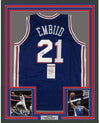Framed Autographed/Signed Joel Embiid 35x39 Philadelphia Blue Basketball Jersey JSA COA