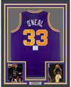 Framed Autographed/Signed Shaquille Shaq O'Neal 35x39 LSU Purple Basketball Jersey Beckett BAS COA