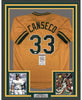 Framed Autographed/Signed Jose Canseco 35x39 Oakland Yellow Baseball Jersey JSA COA