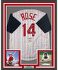 Framed Autographed/Signed Pete Rose Hit King 35x39 Cincinnati Pinstripe Baseball Jersey JSA COA