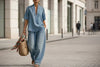 Retro V-Neck Washed Denim Top & Wide-Leg Pants Set – 3 Colors, S–3XL by FitiqueFit