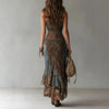 Retro Patchwork Print Asymmetric Slip Dress – High-Waist High-Slit Boho Maxi Dress by FitiqueFit