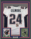 Framed Autographed/Signed Stephon Gilmore 35x39 New England White Football Jersey JSA COA