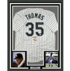 Framed Autographed/Signed Frank Thomas HOF 2014 35x39 Chicago Pinstripe Baseball Jersey JSA COA