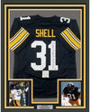 Framed Autographed/Signed Donnie Shell 35x39 HOF 2002 Pittsburgh Black Football Jersey Schwartz Sports COA