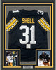 Framed Autographed/Signed Donnie Shell 35x39 HOF 2002 Pittsburgh Black Football Jersey Schwartz Sports COA