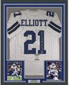 Framed Autographed/Signed Ezekiel Elliott 35x39 Dallas White Football Jersey Beckett BAS COA
