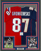 Framed Autographed/Signed Rob Gronkowski 35x39 New England Split Football Jersey Beckett BAS COA