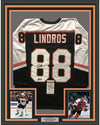 Framed Autographed/Signed Eric Lindros HOF 16  35x39 Philadelphia Black Hockey Jersey JSA COA
