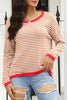 Pink Contrast Trimmed Striped Drop Shoulder Sweater