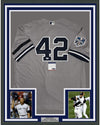 Framed Autographed/Signed Mariano Rivera 35x39 New York Grey Baseball Jersey PSA/DNA COA