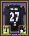 Framed Autographed/Signed JK J.K. Dobbins 35x39 Baltimore Black Football Jersey JSA COA