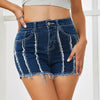 Retro High-waisted Raw-edge Patchwork A-line Stretch Denim Shorts by My Store