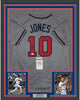 Framed Autographed/Signed Chipper Jones 35x39 Atlanta Grey Baseball Jersey JSA COA
