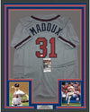 Framed Autographed/Signed Greg Maddux 35x39 Atlanta Grey Baseball Jersey JSA COA