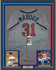 Framed Autographed/Signed Greg Maddux 35x39 Atlanta Grey Baseball Jersey JSA COA