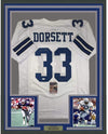 Framed Autographed/Signed Tony Dorsett 35x39 Dallas White Football Jersey JSA COA