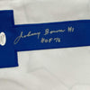 Framed Autographed/Signed Johnny Bower HOF 76 35x39 Toronto Blue Hockey Jersey JSA COA