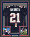 Framed Autographed/Signed Duron Harmon 35x39 New England Blue Football Jersey JSA COA