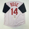 Autographed/Signed Pete Rose Hit King Cincinnati Pinstripe Baseball Jersey JSA COA