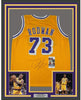 Framed Autographed/Signed Dennis Rodman 35x39 Los Angeles LA Yellow Basketball Jersey JSA COA by Hall of Fame Sports Memorabilia