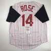 Autographed/Signed Pete Rose 4256 Cincinnati Pinstripe Baseball Jersey JSA COA