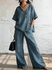 Women's Loose Cotton-Linen V-Neck Top & Wide-Leg Pants Set by FitiqueFit