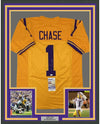 Framed Autographed/Signed Ja'Marr Chase 35x39 LSU Yellow College Football Jersey JSA COA