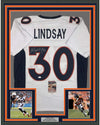 Framed Autographed/Signed Phillip Lindsay 35x39 Denver White Football Jersey JSA COA