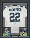 Framed Autographed/Signed Christian McCaffrey 35x39 Carolina White Football Jersey Beckett BAS COA