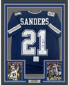 Framed Autographed/Signed Deion Sanders 35x39 Dallas Blue Football Jersey Beckett BAS COA