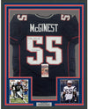 Framed Autographed/Signed Willie McGinest 3x SB Champ 35x39 New England Blue Football Jersey JSA COA