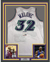 Framed Autographed/Signed Karl Malone 35x39 Utah White Basketball Jersey PSA/DNA COA