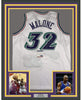 Framed Autographed/Signed Karl Malone 35x39 Utah White Basketball Jersey PSA/DNA COA