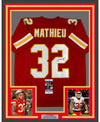 Framed Autographed/Signed Tyrann Mathieu 35x39 Kansas City Red Football Jersey JSA COA